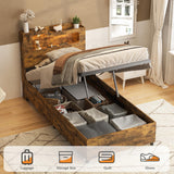 Fameill Twin Size Lift Up Storage Bed Frame, 2-Tier Headboard Wooden Platform Bed Frame with Lifting Storage & Charging Station, No Spring Box Needed/Noise Free Fameill