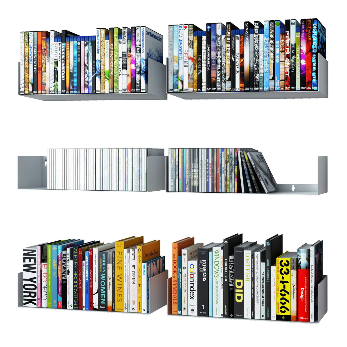 Wallniture Bali White U Shape Floating Shelves for Wall, CD DVD Storage Shelves and Metal Bookshelf Set of 6 Wallniture
