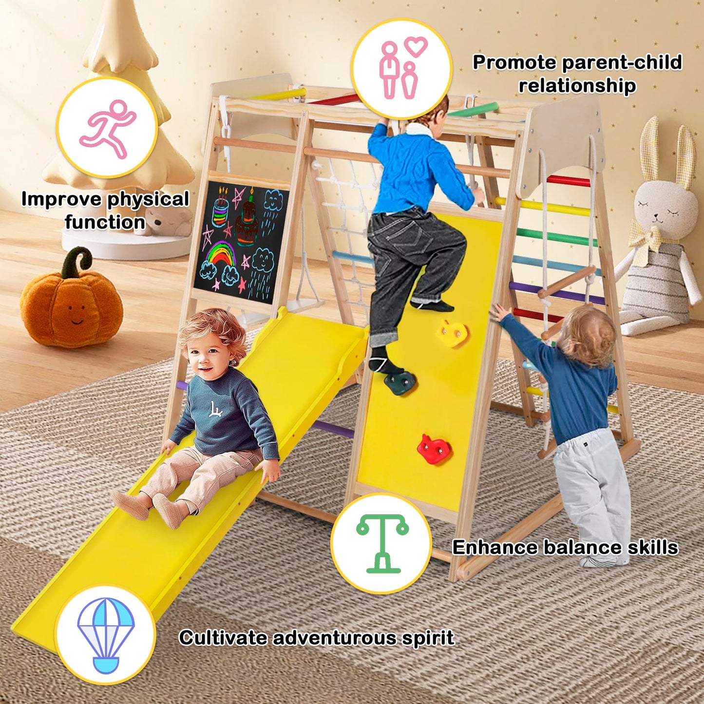 TODEFULL Indoor Jungle Gym for Kids, 10 in 1 Wooden Montessori Climbing Set with Swing Slide Climbing Net, Monkey Bar, Wood & Rope Ladder, Large Climbing Toys for Kids 3+, Rainbow