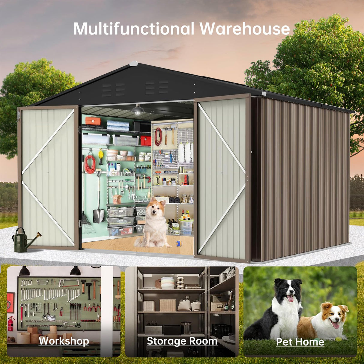 GarveeLife 7.5x8.5 ft Outdoor Storage Shed, Large Steel Multipurpose Yard Shed, Metal Outdoor Tool Shed with Sloped Roof and Door Lock Design for Organizing Tools & Equipment in Yard, Garden, Brown GarveeLife