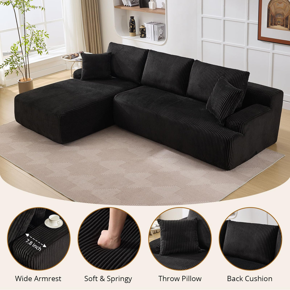 106 in Modular Sectional Sofa, L-Shaped Boneless Cloud Couch with Deep Seat, Comfy Corduroy Upholstered Sleeper Sofa for Living Room, Memory Foam, No Assembly Required, Right-Facing Chaise, Black GarveeHome
