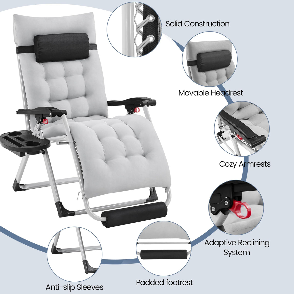 Yaheetech Zero Gravity Chair, Folding Reclining Lounge Recliner with Removable Pad & Headrest & Side Cup Holder Tray for Indoor and Outdoor Gray/1 Yaheetech