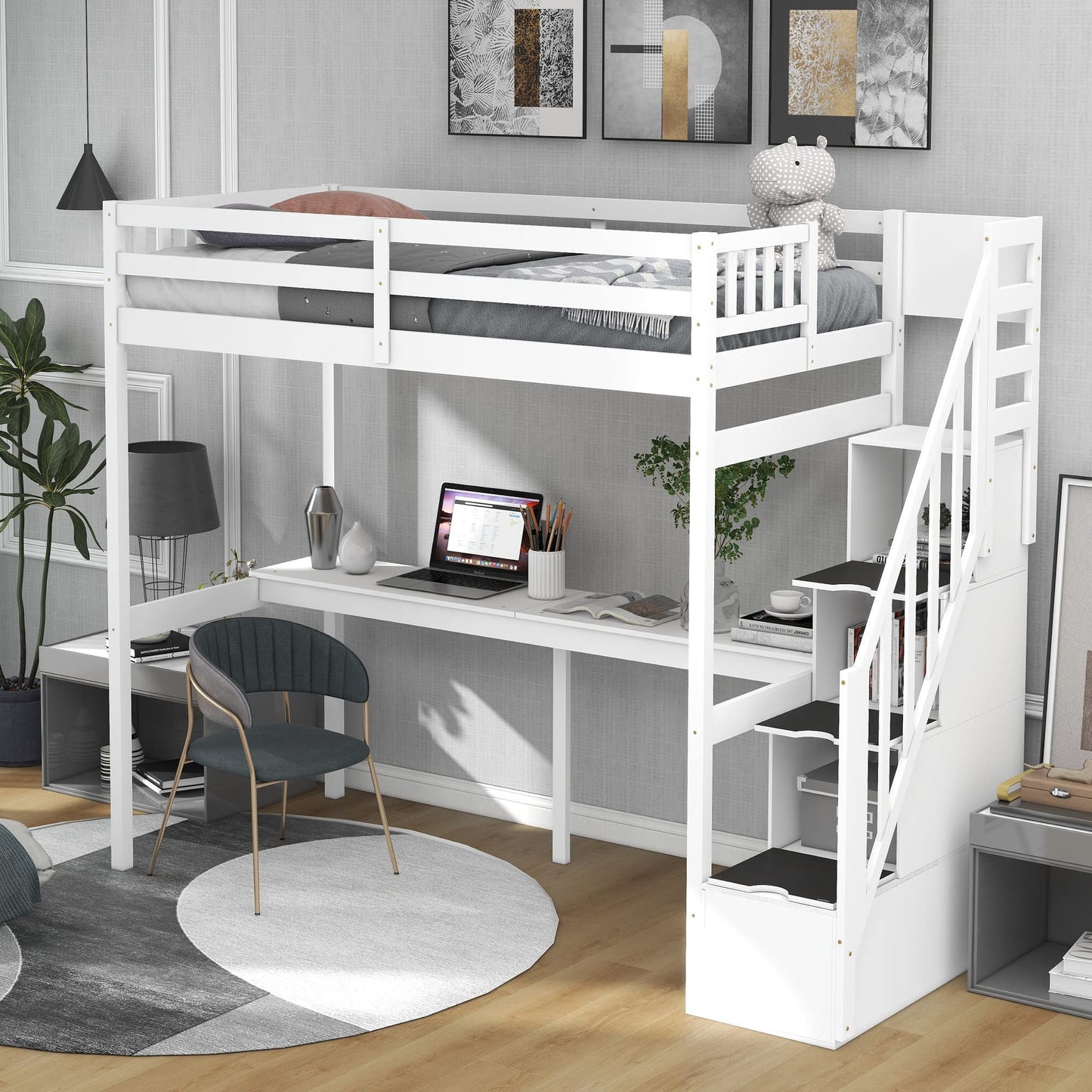 Twin Size Loft Bed with Desk,Solid Wood Loft Bed Frame with Storage Stairs,High Loft Bed Twin Size with Stairs for Kids,Teens, Adults,Space Saving, White