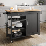 BELLEZE Modern Rolling Kitchen Island Utility Cart with a Drawer, Storage Cabinet, Handle Towel Rack, Rubber Wood Top, and Caster Wheels - Sonoma (Black) BELLEZE