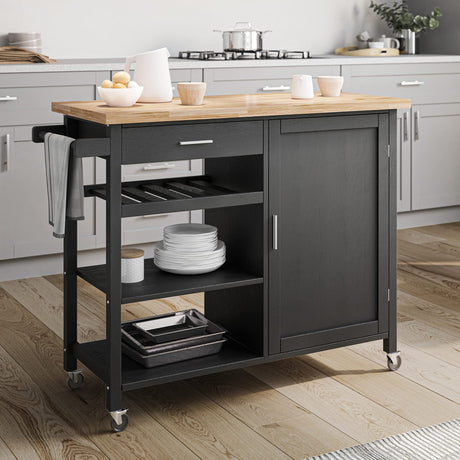 BELLEZE Modern Rolling Kitchen Island Utility Cart with a Drawer, Storage Cabinet, Handle Towel Rack, Rubber Wood Top, and Caster Wheels - Sonoma (Black) BELLEZE