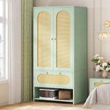 DWVO Rattan Armoire Wardrobe - 70" Tall Rattan Closet with Doors, Large Storage Cabinet with Drawers & Hanging Rod, Bedroom Armoire - Green DWVO