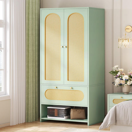 DWVO Rattan Armoire Wardrobe - 70" Tall Rattan Closet with Doors, Large Storage Cabinet with Drawers & Hanging Rod, Bedroom Armoire - Green DWVO