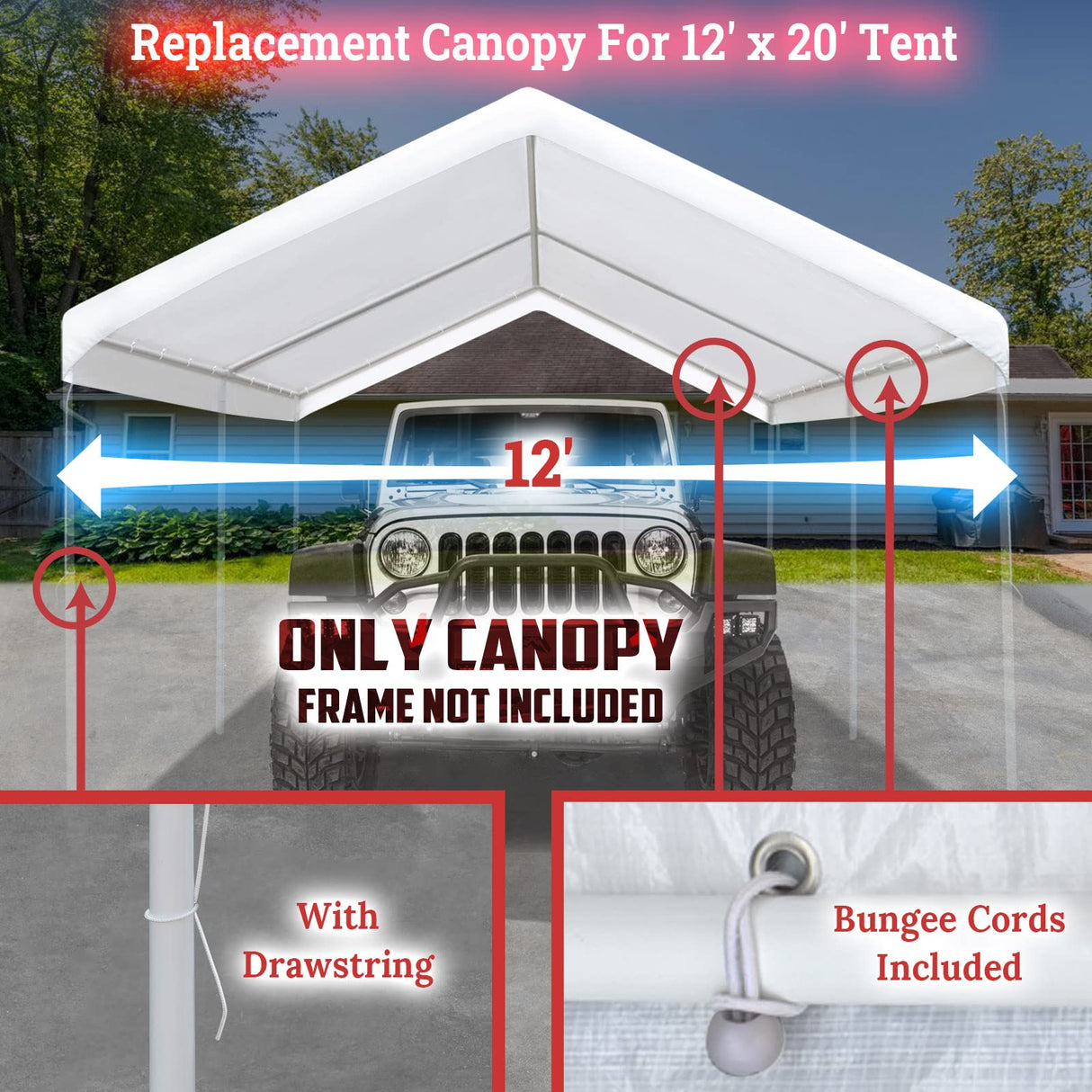 BenefitUSA Muli-ti Size Carport Replacement Canopy Garage Top Tarp Shelter Cover w Ball Bungee Cords, Canopy Onl with Edge (12'x20') BenefitUSA