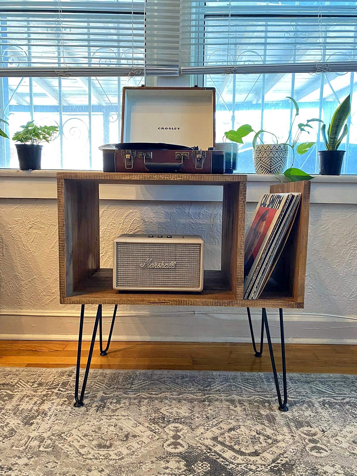 Table For Record Player Stand Cabinet MCM Mid Century Modern with Hairpin Legs WoodArtSupply