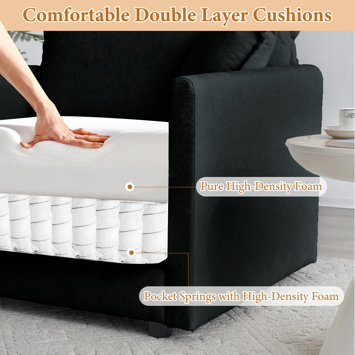 76.7" Deep Seat Sectional Cloud Sofa with 2 Ottomans & Soft Pillows, Loveseat Modular Couch for Living Room, Apartment, Small Space, Black Chenille Tmsan