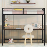 Metal Twin Size Loft Bed with Desk and Storage Shelves,Heavy Duty Loft Bed Frame with Safety Guardrail for Kids Boys Girls,Space Saving Twin,Black Bellemave