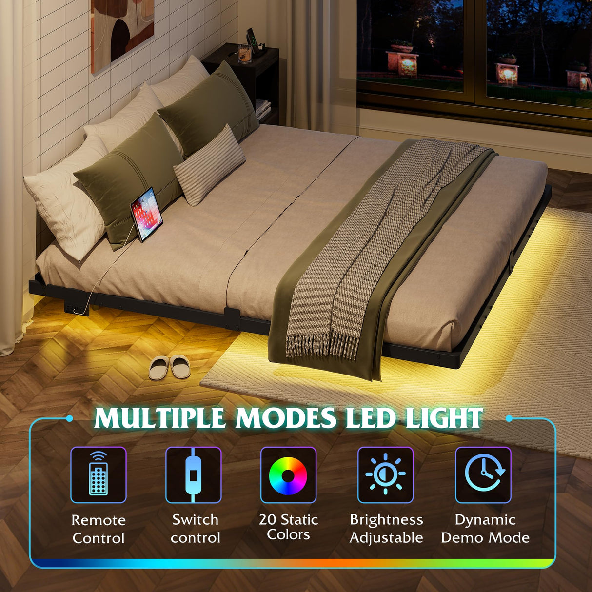 WLIVE Floating King Bed Frame, LED Bed Frame with Charging Station, Metal Platform Beds King Size with Heavy Duty Steel Slats, No Box Spring Needed, Easy Assembly, No Noise, Black WLIVE
