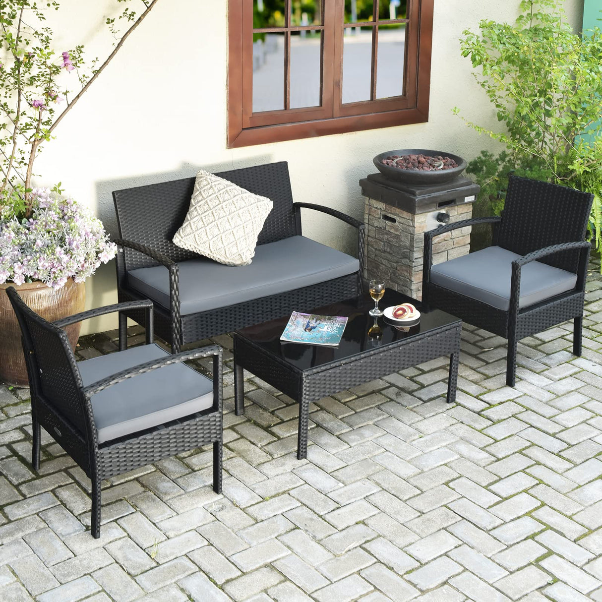 COSTWAY 4PCS Patio Rattan Furniture Set, Outdoor Wicker Conversation Set with Tempered Glass Coffee Table, Seat Cushions, Ideal for Poolside Balcony Porch Backyard COSTWAY