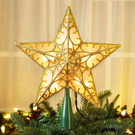 Brizled 9.5” Christmas Star Tree Topper, Gold Dual-side 3D Star Treetop, Glittered Tree Top with 10 Warm White Lights, UL Certified Lighted Xmas Treetop for Holiday Christmas Tree Decor Brizled