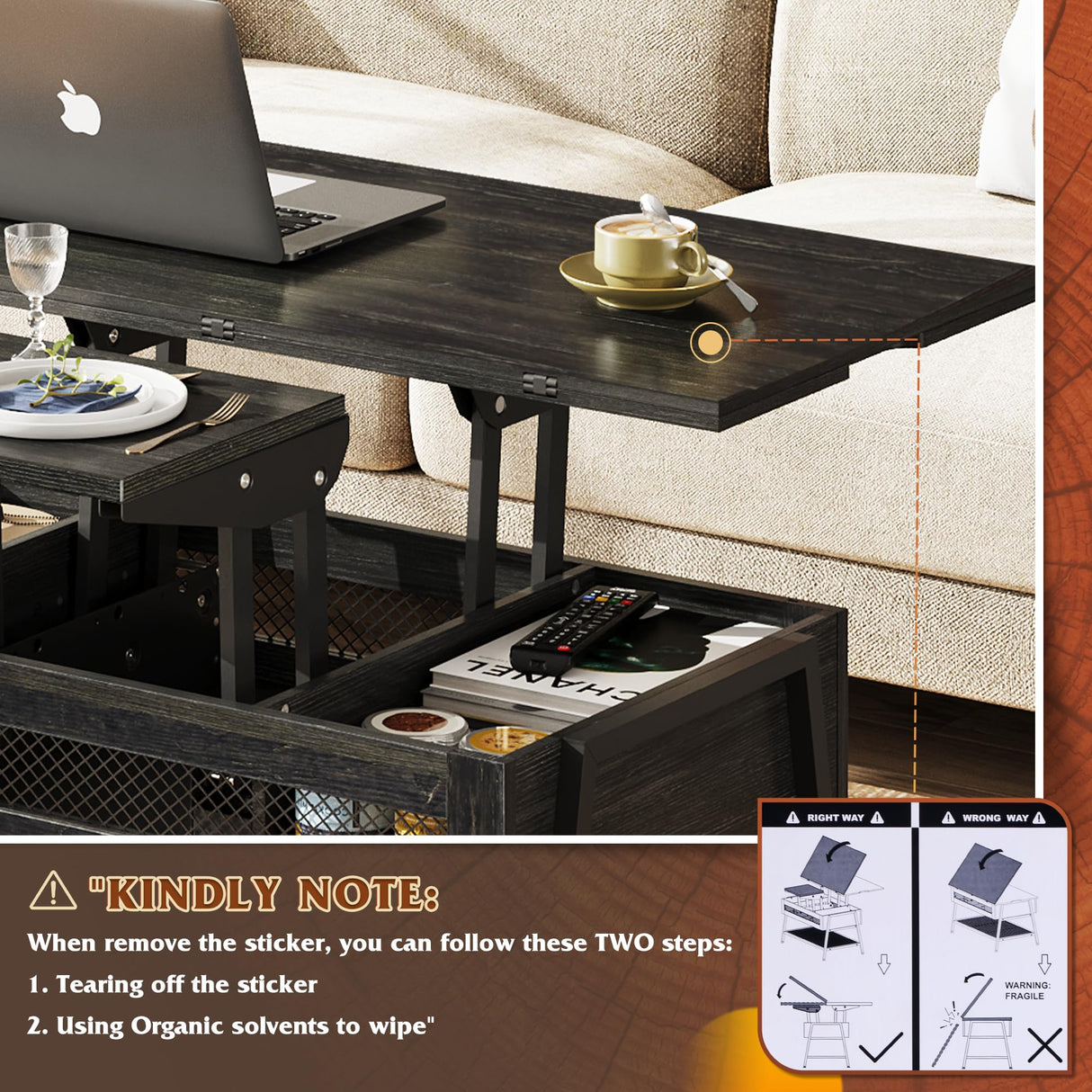 WLIVE Lift Top Coffee Table, 3 in 1 Multi-Function Coffee Table with Storage, Hidden Compartment and Metal Frame, Coffee Table Converts to Dining Table for Living Room Home Office, Charcoal Black WLIVE