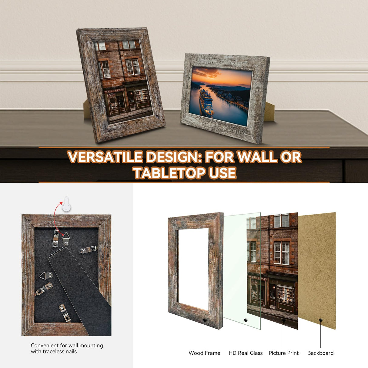 Bagous 4x6 Picture Frames Set of 8, Vintage Rustic Farmhouse Industrial Style Photo Frames, High Definition Real Glass, for Tabletop or Wall Hanging Bagous