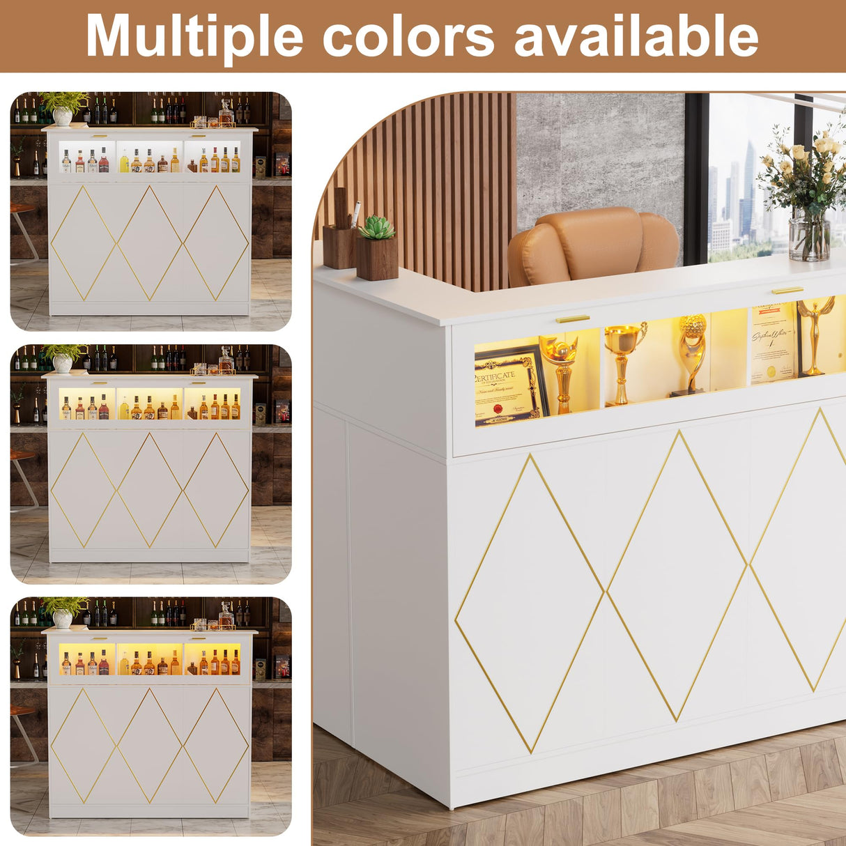 PAKASEPT Reception Desk with LED Lights, L-Shaped Modern Front Desk with Glass Display Shelf, Reception Counter Table for Lobbies, Salons, Retail, Home Offices (White) PAKASEPT