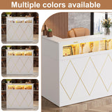 PAKASEPT Reception Desk with LED Lights, L-Shaped Modern Front Desk with Glass Display Shelf, Reception Counter Table for Lobbies, Salons, Retail, Home Offices (White) PAKASEPT