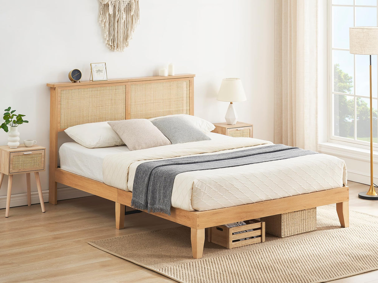 GarveeHome Rattan Bed Frame Queen, Natural Rattan Headboard Queen Bed Frame with Led Lights, Noise-Free Platform Bed Frame with Wooden Support Legs and Slats, Easy Assembly, No Box Spring Needed GarveeHome