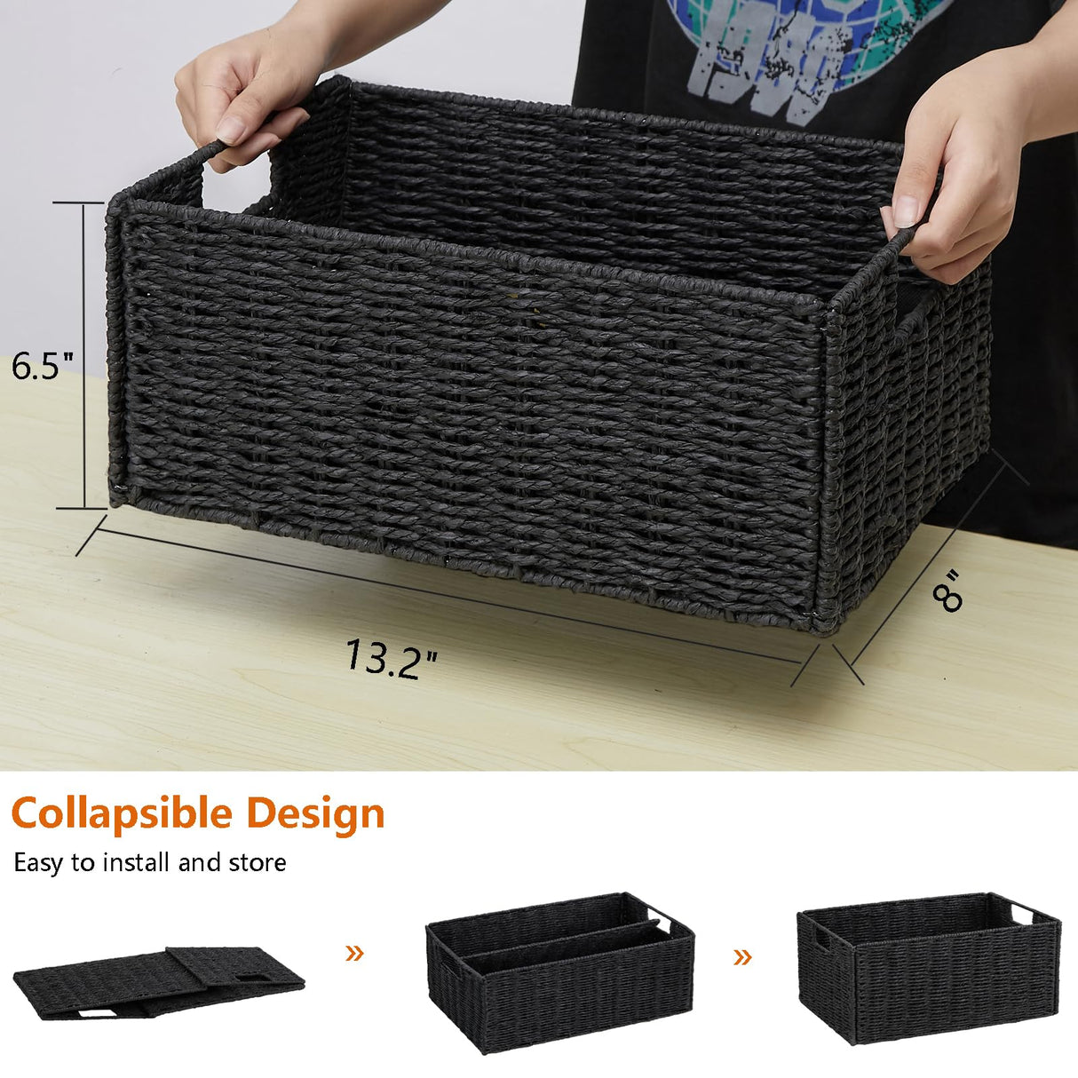 Vagusicc Wicker Storage Basket, Set of 2 Hand-Woven Paper Rope Wicker Basket, Small Storage Baskets for Organizing Toilet Paper Basket, Foldable Large Cube Storage Organizer Bins for Shelves (Black) Vagusicc