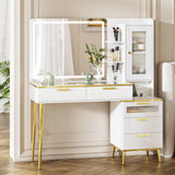 Chrangmay 47.24" Big Modern Vanity Desk with Mirror and Lights,Makeup Vanity Desk with 5 Drawers and Storage Shelves & Power Outlet,Dressing Table with Glass Top, White Chrangmay
