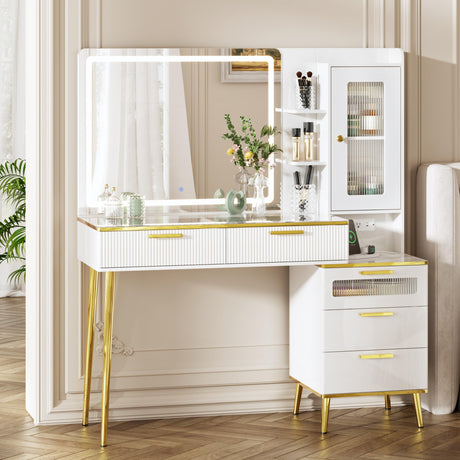 Chrangmay 47.24" Big Modern Vanity Desk with Mirror and Lights,Makeup Vanity Desk with 5 Drawers and Storage Shelves & Power Outlet,Dressing Table with Glass Top, White Chrangmay