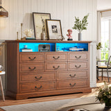 Romorgniz 10 Drawer Brown Dresser for Bedroom, Large Farmhouse Dresser with LED Lights & Charging Station for Bedroom Romorgniz