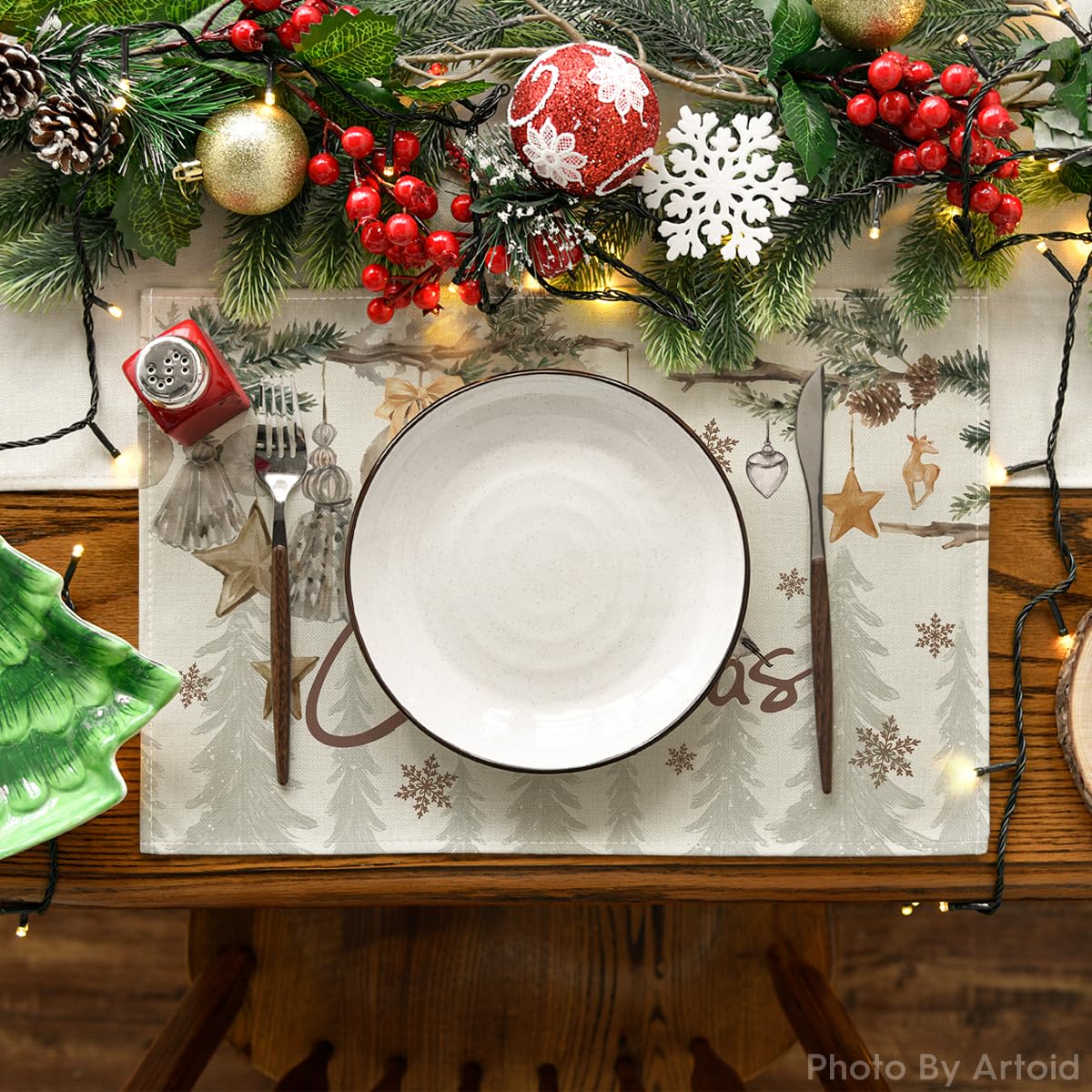 Artoid Mode Pine Branch Ornament Merry Christmas Placemats Set of 4, 12x18 Inch Seasonal Winter Table Mats for Party Kitchen Dining Decoration Artoid Mode
