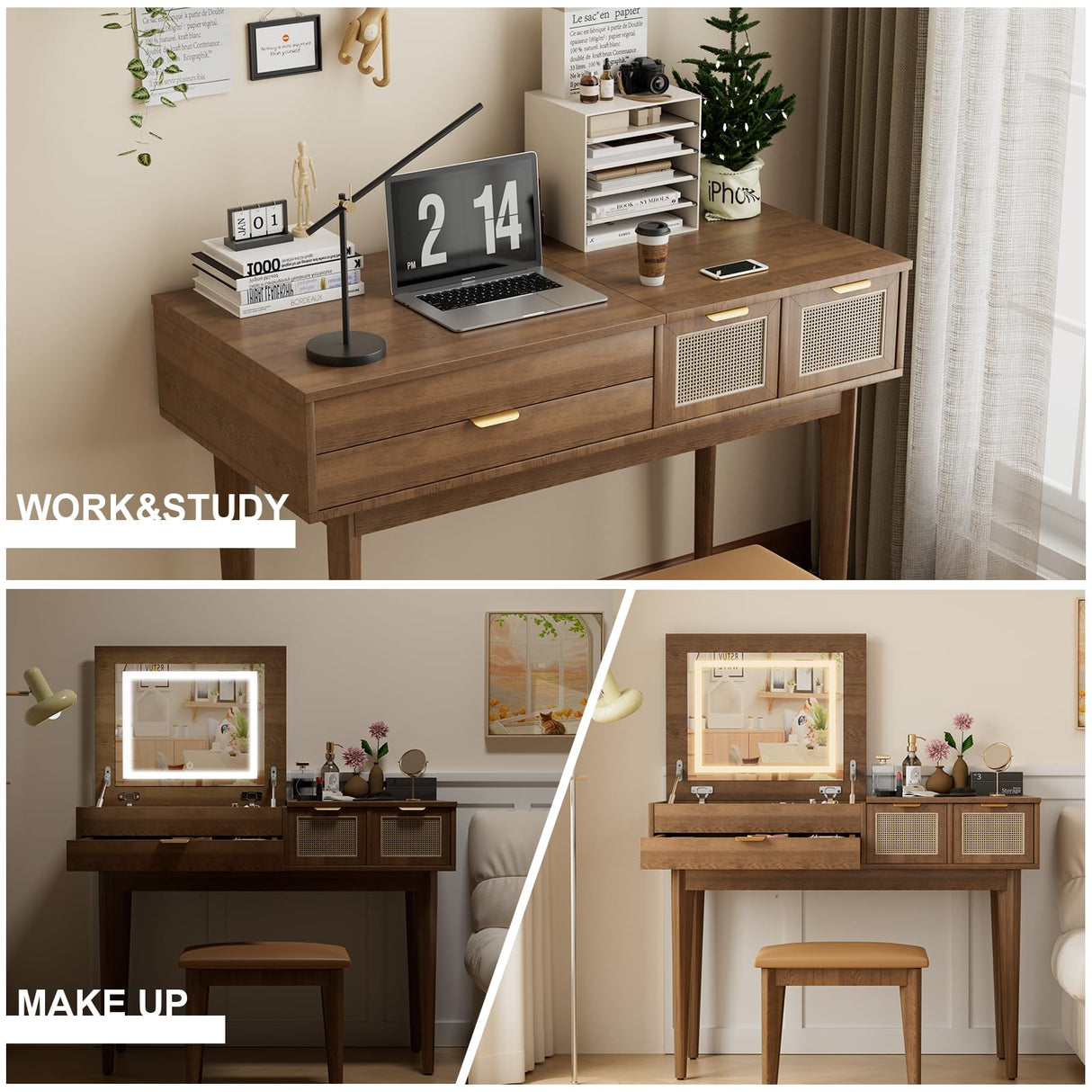 EDWINENE Vanity Desk with Lighted Mirror, Makeup Vanity with Flip-Top Mirror, Vanity Dressing Table Set with Stool, 3 LED Modes Light and 3 Drawers for Bedroom (Brown) EDWINENE