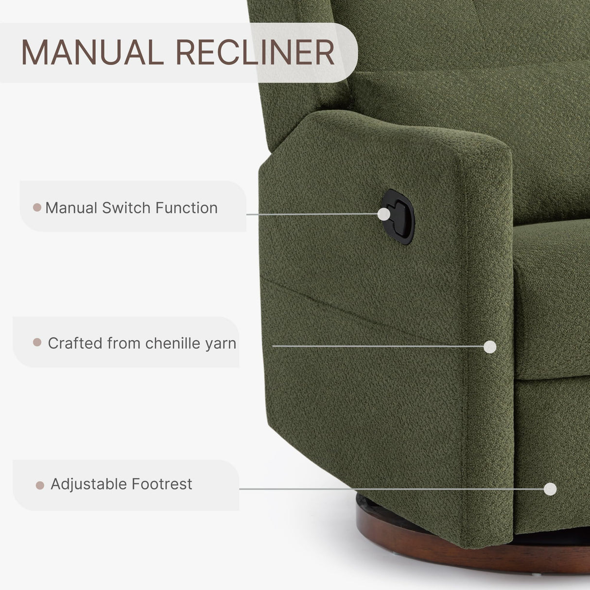 KISLOT Upholstered Recliner Swivel Glider Nursery Chair Reclining Performance Fabric Rocker with Wood Base,Boucle,Moss Green KISLOT