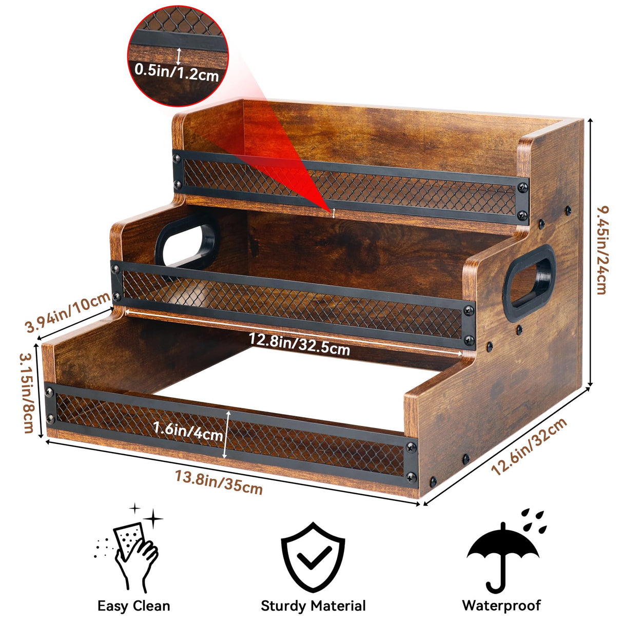 Liquor Bottle Display Shelf, Coffee Syrup Rack Organizer, 3 Step Countertop Liquor Wine Rack, 12 Bottles Coffee Station Organizer with Fences & Handles, Home Retro Bar Shelf Stand for Liquor Whiskey Alyoen