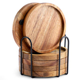 Acacia Wood Coasters for Drinks with Lip, Round Drink Coasters with Holder for Coffee Table Dining Table Wooden Table Coasters for Farmhouse Desk, Set of 6 WLWNWFT