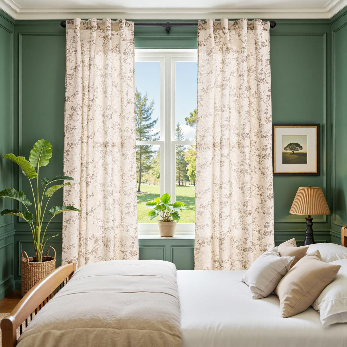 jinchan Linen Floral Curtains 84 Inch Farmhouse Country Flower Drapes Rustic Window Curtains Light Filtering for Living Room Bedroom Laundry Back Tab 2 Panels Taupe on Beige jinchan