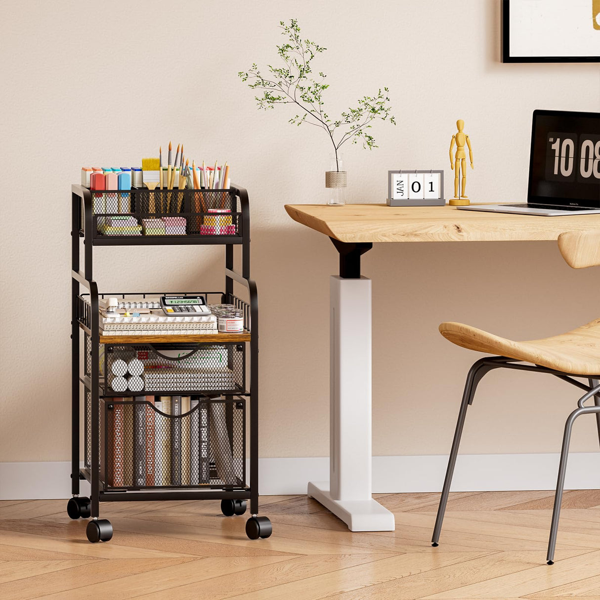 SWTYMIKI Rolling Cart with Drawers - Metal Utility Cart with Wood Shelf, DIY Divider and Locking Wheels, Craft & Art Cart Organizer for Under Desk Storage for Home Office Studio, Black SWTYMIKI