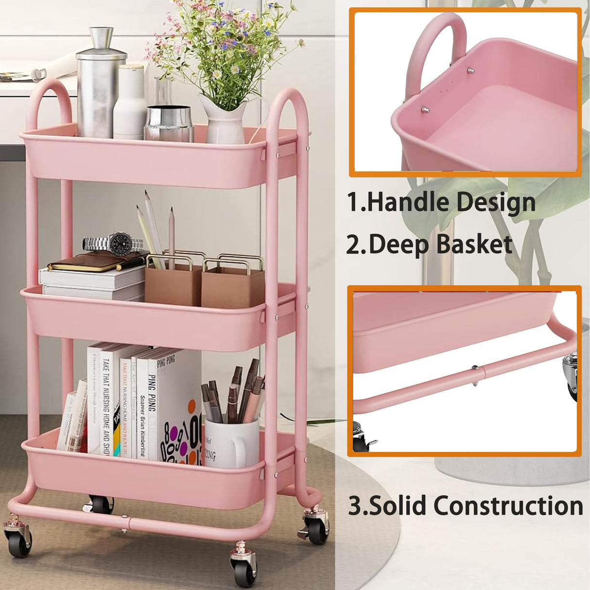 Elitehouse 3-Tier Pink Utility Rolling Cart,Kitchen Storage Carts with Wheels and Plastic Baskets,Pink Rolling Cart for Office,Home,Kitchen,Garden（18"x11.4"x31.2"） Elitehouse
