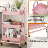 Elitehouse 3-Tier Pink Utility Rolling Cart,Kitchen Storage Carts with Wheels and Plastic Baskets,Pink Rolling Cart for Office,Home,Kitchen,Garden（18"x11.4"x31.2"） Elitehouse