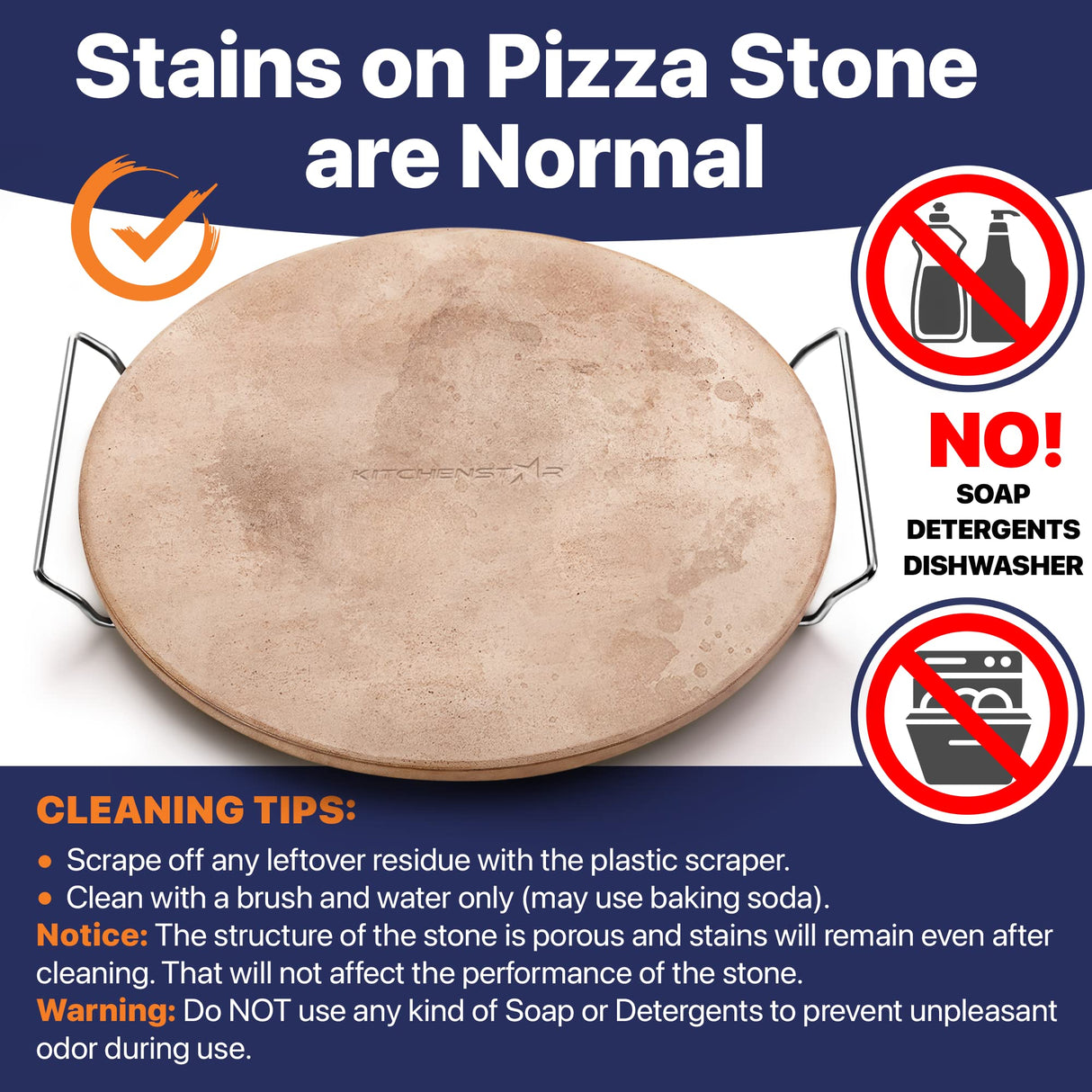 16" Pizza Stone for Oven & Grill with Handles - Natural Cordierite Baking Stone Set with SS Rack & Plastic Scraper (1500 °F Resistant, Round, Large) KitchenStar