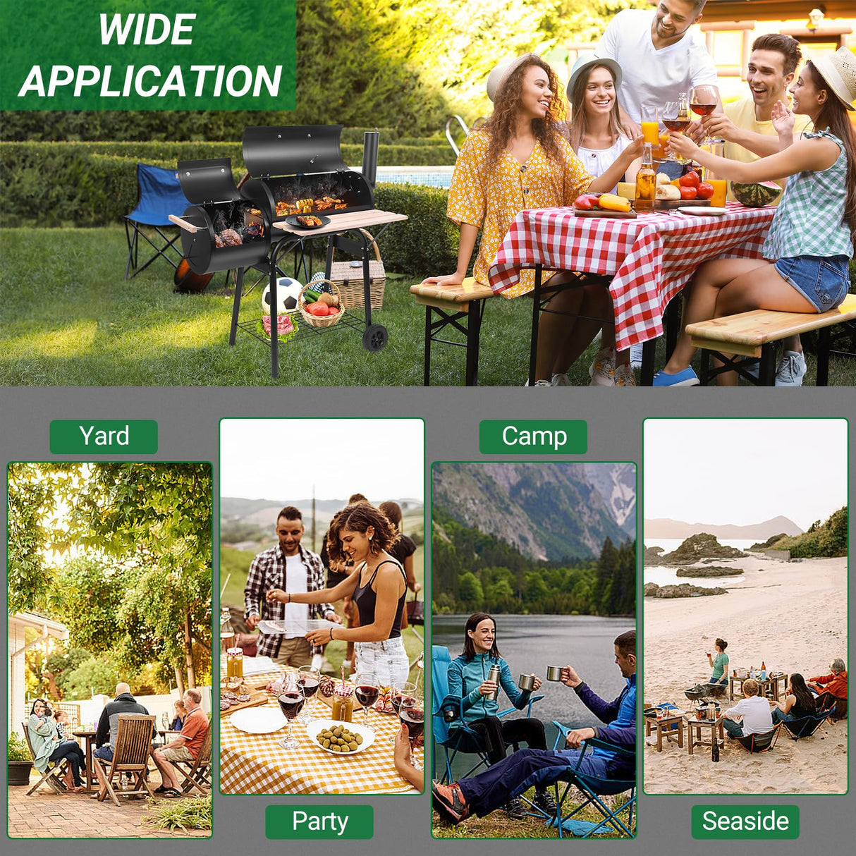 Outvita Charcoal Grill and Offset Smoker, Outdoor Patio Barbecue Cooker with Wheels, Portable Backyard BBQ Oven with Side Fire Box for Camping, Picnic, Party Outvita