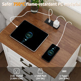 HOPUBUY 22" Farmhouse Nightstand Set of 2 with Charging Station, Wood Night Stand with Antique Handles, 3 Drawer Night Stand Tall Nightstand for Bedroom, Off White and Brown Top HOPUBUY