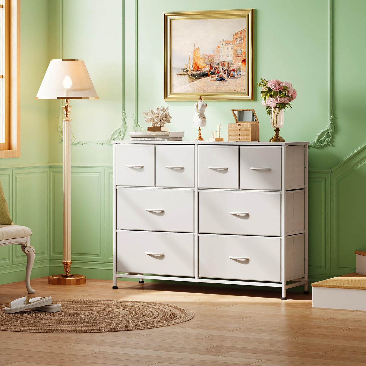 WLIVE Dresser for Bedroom with 8 Drawers, Wide Fabric Dresser for Storage and Organization, Bedroom Dresser, Chest of Drawers for Living Room, Closet, Hallway, White WLIVE