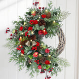 Christmas Wreath for Front Door, Artificial Door Wreaths with LED Lights Bells Berries & Pinecones Christmas Decorations, Xmas Wreaths for Wall Window Fireplace Holiday Home Decor Anhity