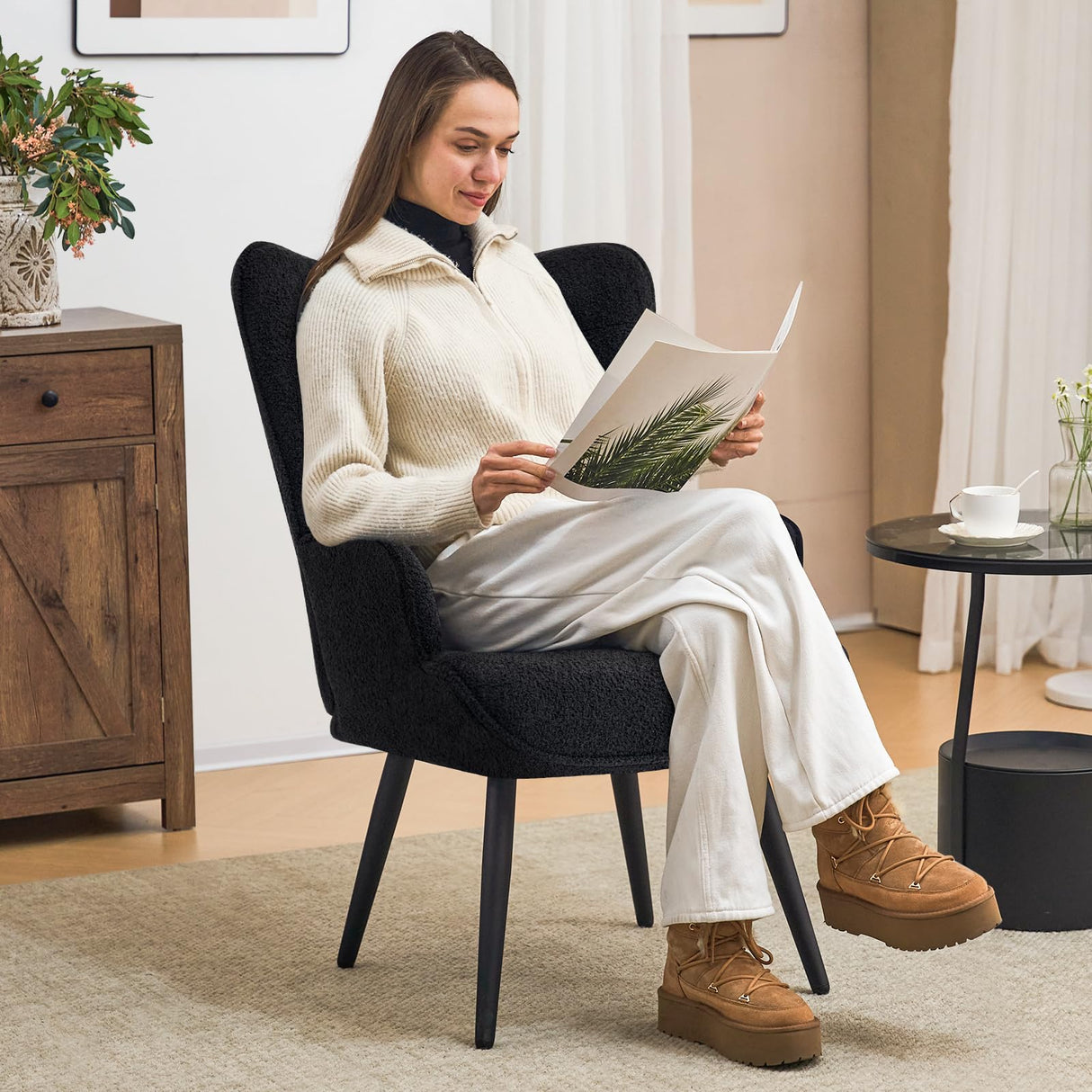 Furniliving Boucle Accent Chair for Living Room, Upholstered Reading Chair with High Backrest, Tufted-Button Wingback Armchair for Bedroom, Dressing Room, Home Office, Black Furniliving