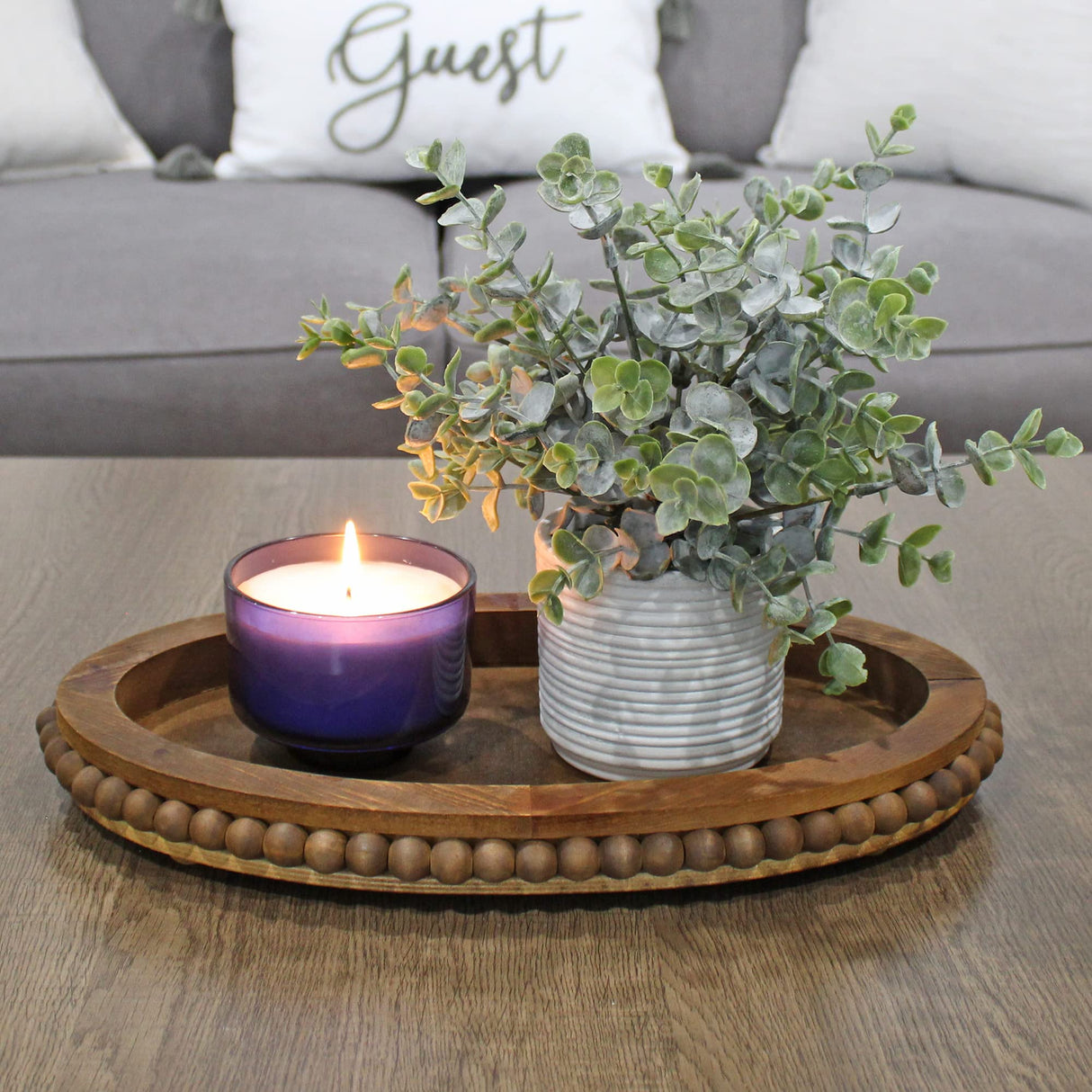 AuldHome Wood Beaded Tray (Stained Wood), Decorative Farmhouse Style Oval Wooden Tray AuldHome Design