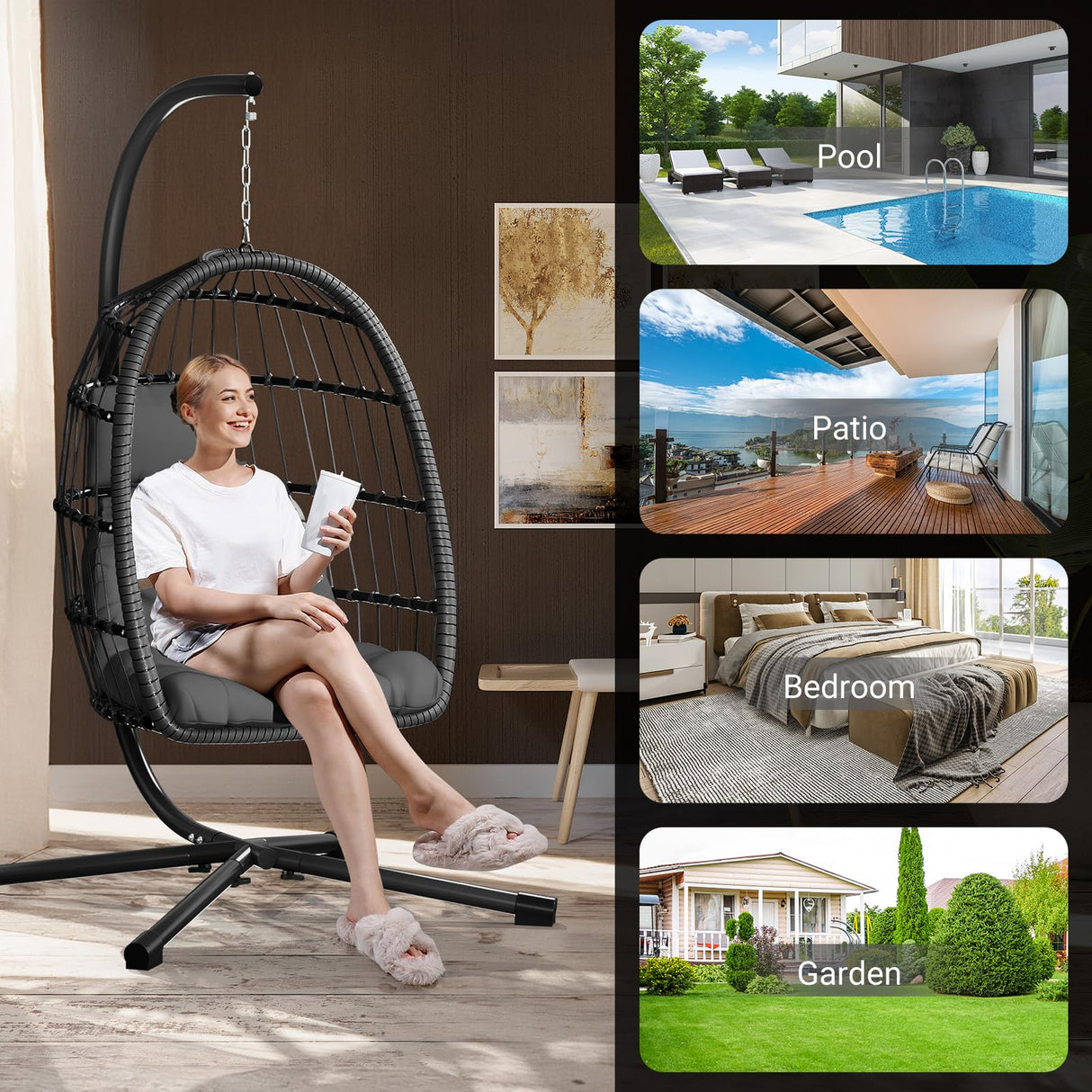 LEVELEVE Egg Chair with Stand,Patio Rattan Wicker Hanging Swing Egg Chair Hammock Chair for Bedroom Porch Garden,Thickened Aluminum Alloy Steel Frame and UV Resistant Cushion,350LBS Capacity(Grey) LEVELEVE