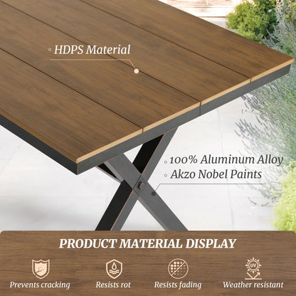 Cozyman Outdoor Dining Table for 6, HDPS and Alium Material, Patio Dining Table with X-Legs, 3-Year Warranty,Weather Resistant Dining Tables for Patio,Yard, Garden,and Lounge, Brown-Oil Printed