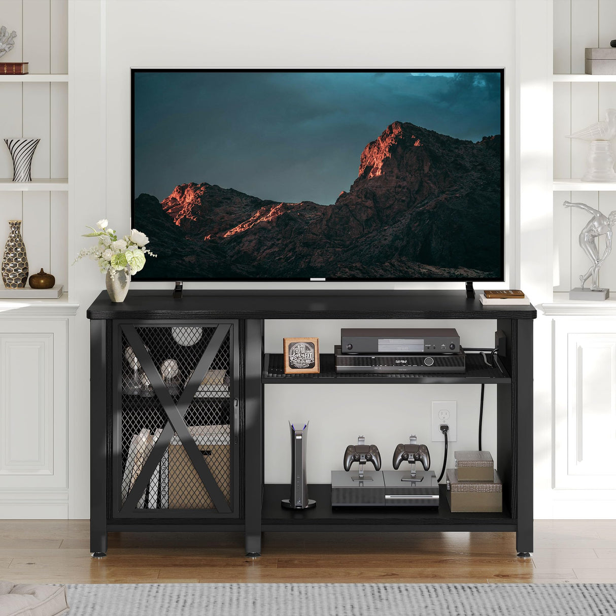 YITAHOME Farmhouse TV Stand for 50/55/60 Inch with Power Outlet, Wooden TV Media Console with Storage Cabinet for 860lbs, Rustic Entertainment Center Table TV Cabinet for Living Room, Black YITAHOME