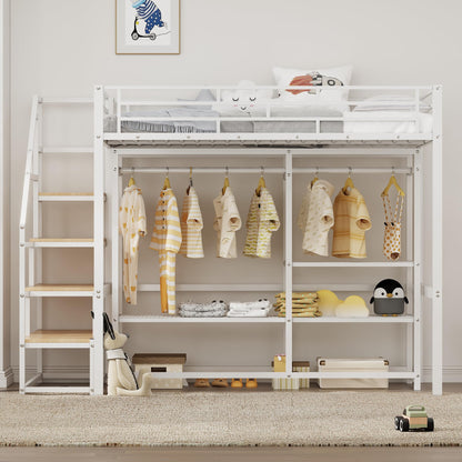 Twin Size Loft Bed with Stairs and Storage Shelves, Heavy Duty Loft Bed with Wardrobe and Removable Dust Cover, Twin Loft Bed with Full Length Guardrail, White Loft Bed Twin Size