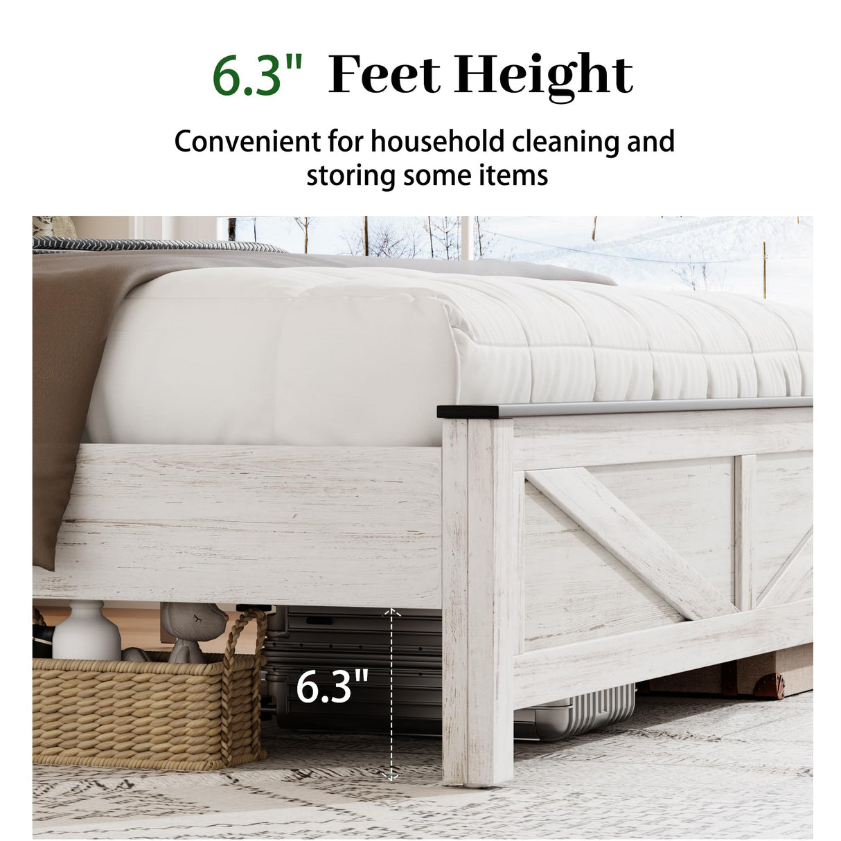 PAUKIN King Size Bed Frame with Headboard, Rustic Farmhouse Wood Bed Frame with LED Lights and Charging Station, Easy Assembly, No Box Spring Needed (White, King) PAUKIN