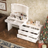 Irontar Vanity Desk with Large Mirror and 3-Color Lights, Makeup Vanity with 8 Drawers & Open Shelf, Side Cabinet with Width Adjustable, Makeup Table for Women, White WDT007W Irontar