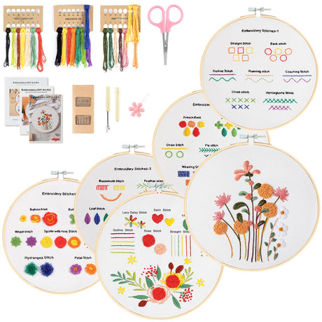 6 Sets Embroidery Kit for Beginners to Learn 28 Basic Embroidery Cross Stitch Practice Kit,DIY Hand Embroidery Kits Includes Stamped Flower Pattern, Hoop, Color Threads,Tools KintKita